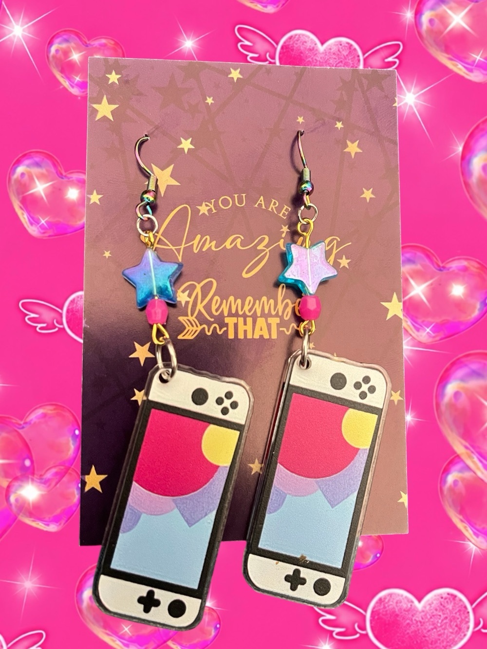 Pink Gaming Phone Dangle Earrings with Star Accents